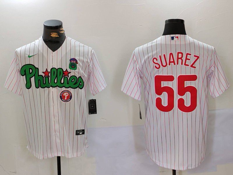 Men Philadelphia Phillies 55 Suarez White stripe Second generation Joint Name 2024 Nike MLB Jersey style 3
